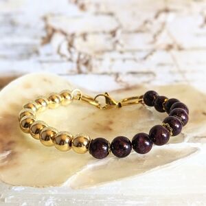 Natural Garnet and Gold Beads In Gold Plated Assymetrical Bracelet